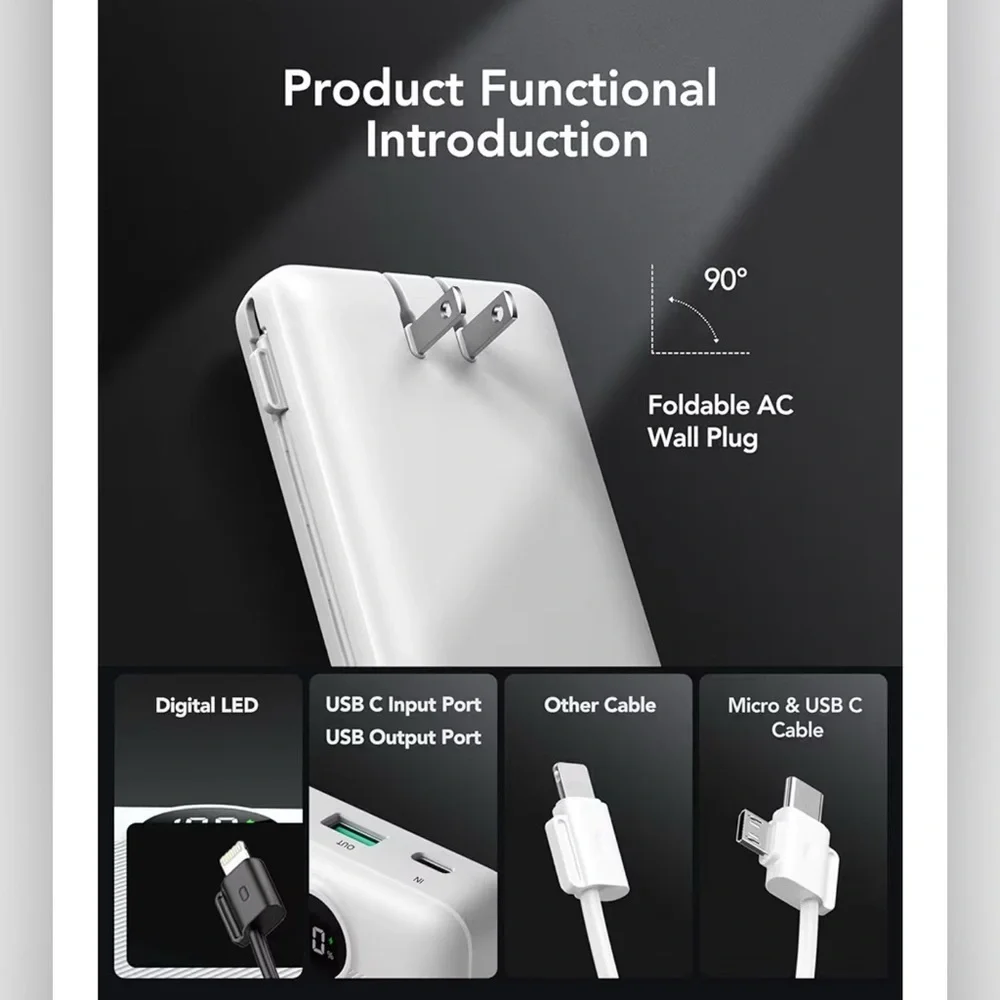 White Portable Power Bank with Built-in Cables The Box Is Damage